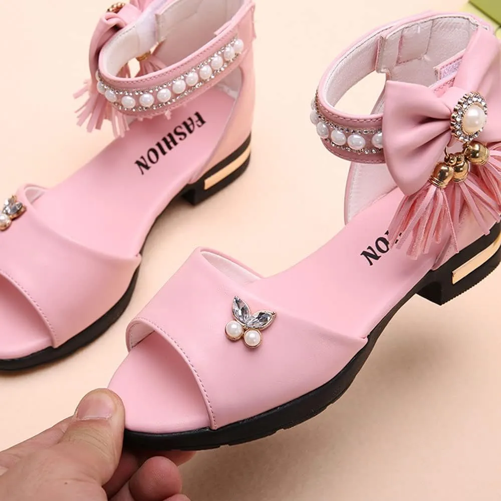 Women's Girl's Bowknot Sandals,Pearl Princess Shoes Rhinestone Summer Shoes Tassel Fashion Flat Shoes Comfortable Soft Bottom Shoes