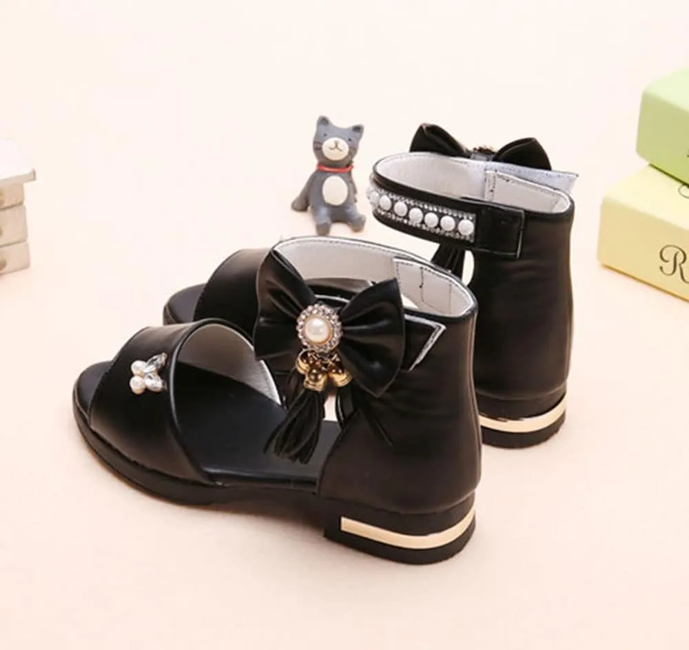 Women's Girl's Bowknot Sandals,Pearl Princess Shoes Rhinestone Summer Shoes Tassel Fashion Flat Shoes Comfortable Soft Bottom Shoes