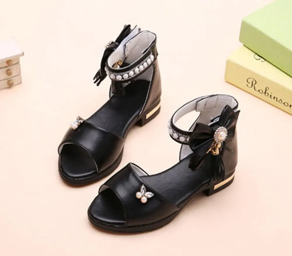 Women's Girl's Bowknot Sandals,Pearl Princess Shoes Rhinestone Summer Shoes Tassel Fashion Flat Shoes Comfortable Soft Bottom Shoes