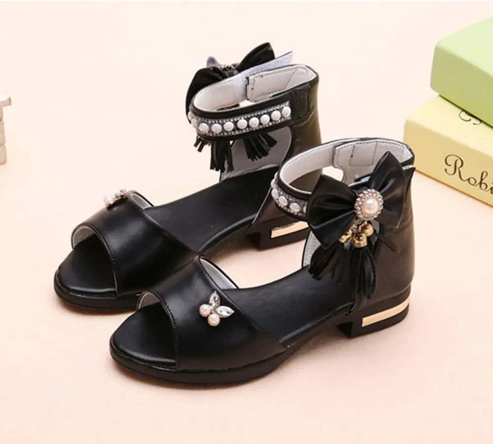Women's Girl's Bowknot Sandals,Pearl Princess Shoes Rhinestone Summer Shoes Tassel Fashion Flat Shoes Comfortable Soft Bottom Shoes