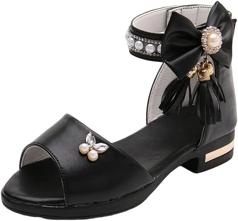 Women's Girl's Bowknot Sandals,Pearl Princess Shoes Rhinestone Summer Shoes Tassel Fashion Flat Shoes Comfortable Soft Bottom Shoes