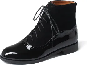 Women's Leather Ankle Boots Low Heel Oxford Flat Short Boots Perforated Lace Up Side Zipper Booties