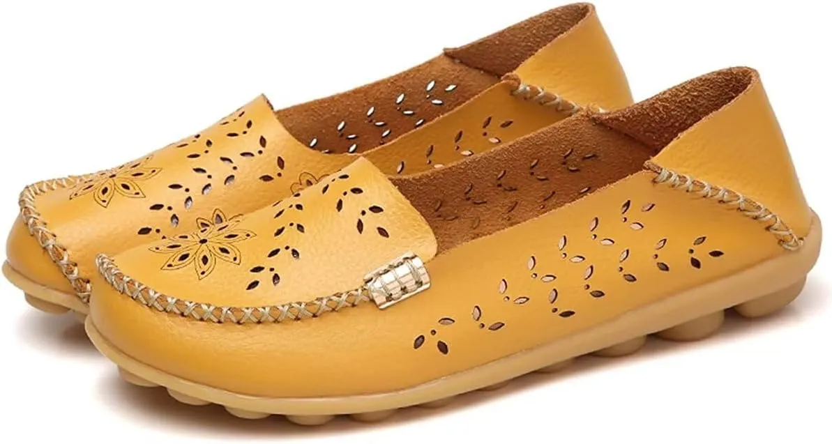 Women's Leather Casual Slipper Loafers Moccasins Driving Shoes Flat Slip-Ons