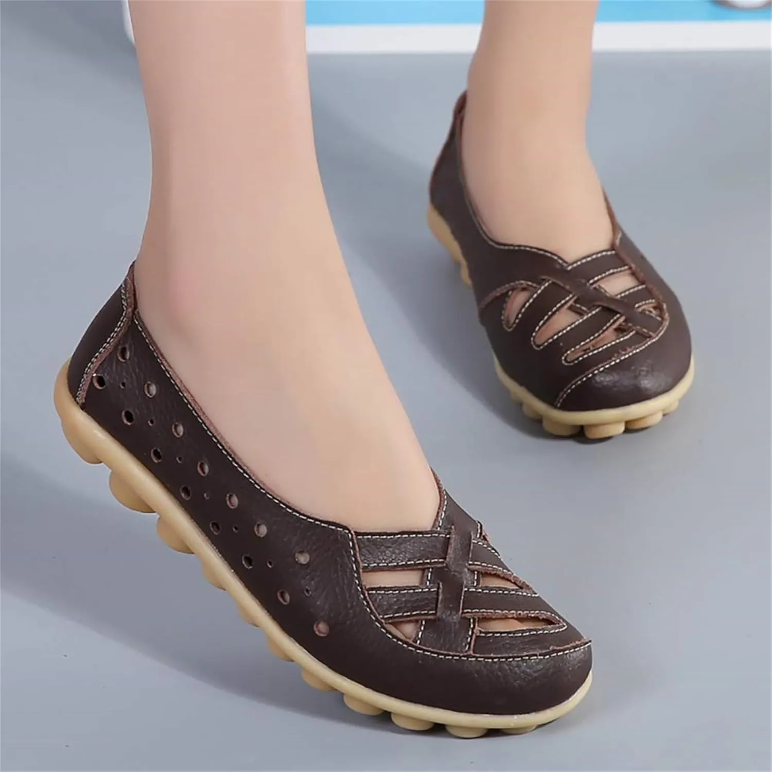Womens Orthopedic Loafers in Breathable Leather Comfortable Hollow Soft Flats Sandals Summer Casual Slip-On Shoes
