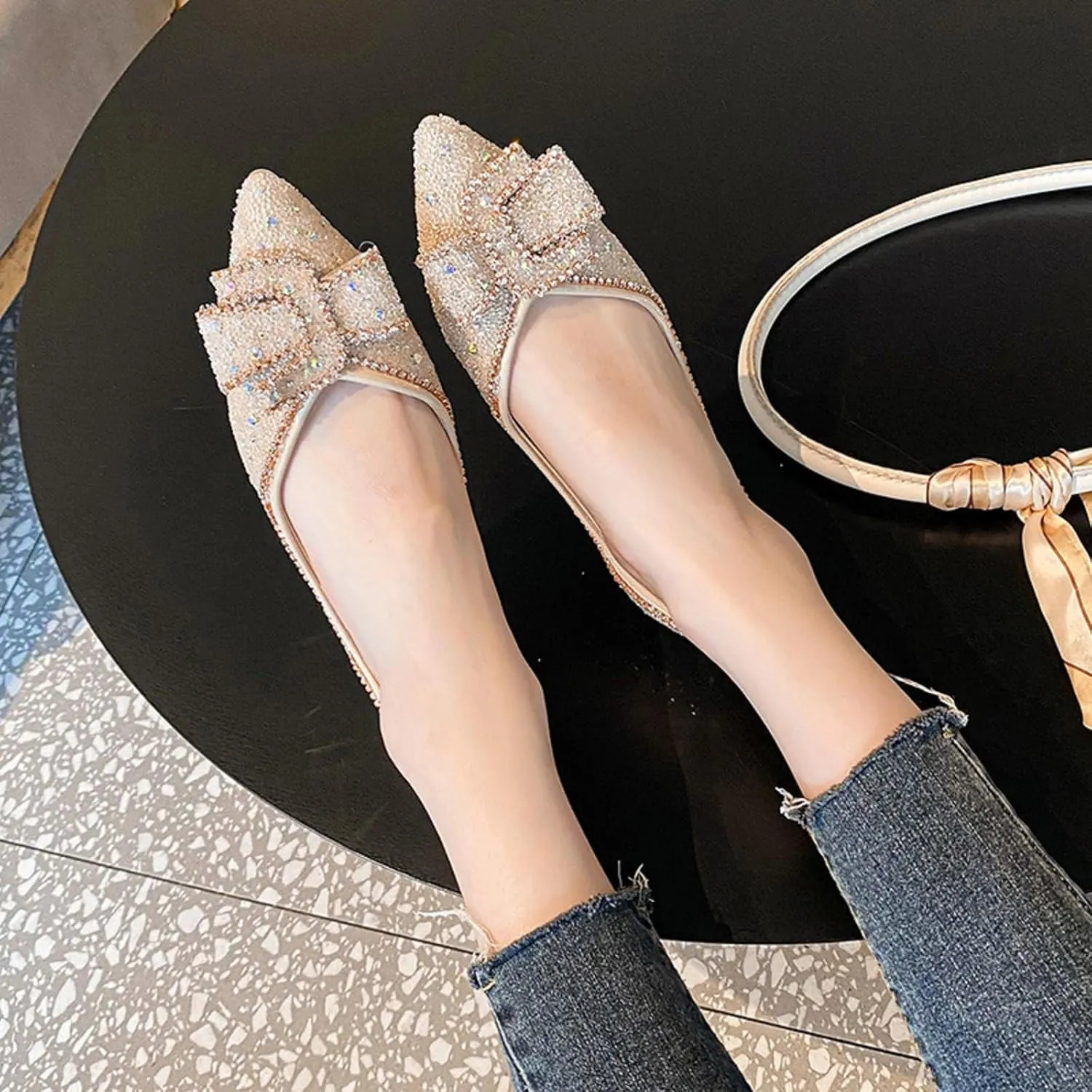 Women's Pointed Rhinestone Flat Shoes Glitter Flowers Wedding Comfortable Dress Shoes