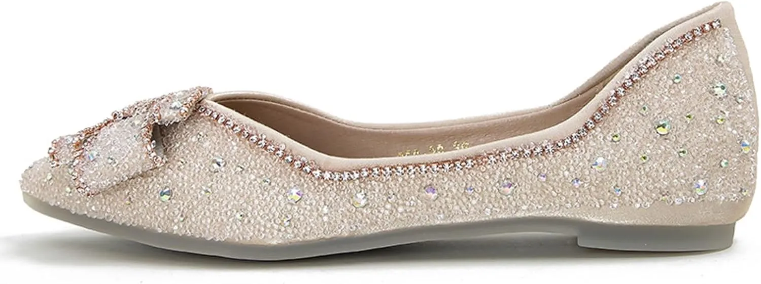 Women's Pointed Rhinestone Flat Shoes Glitter Flowers Wedding Comfortable Dress Shoes