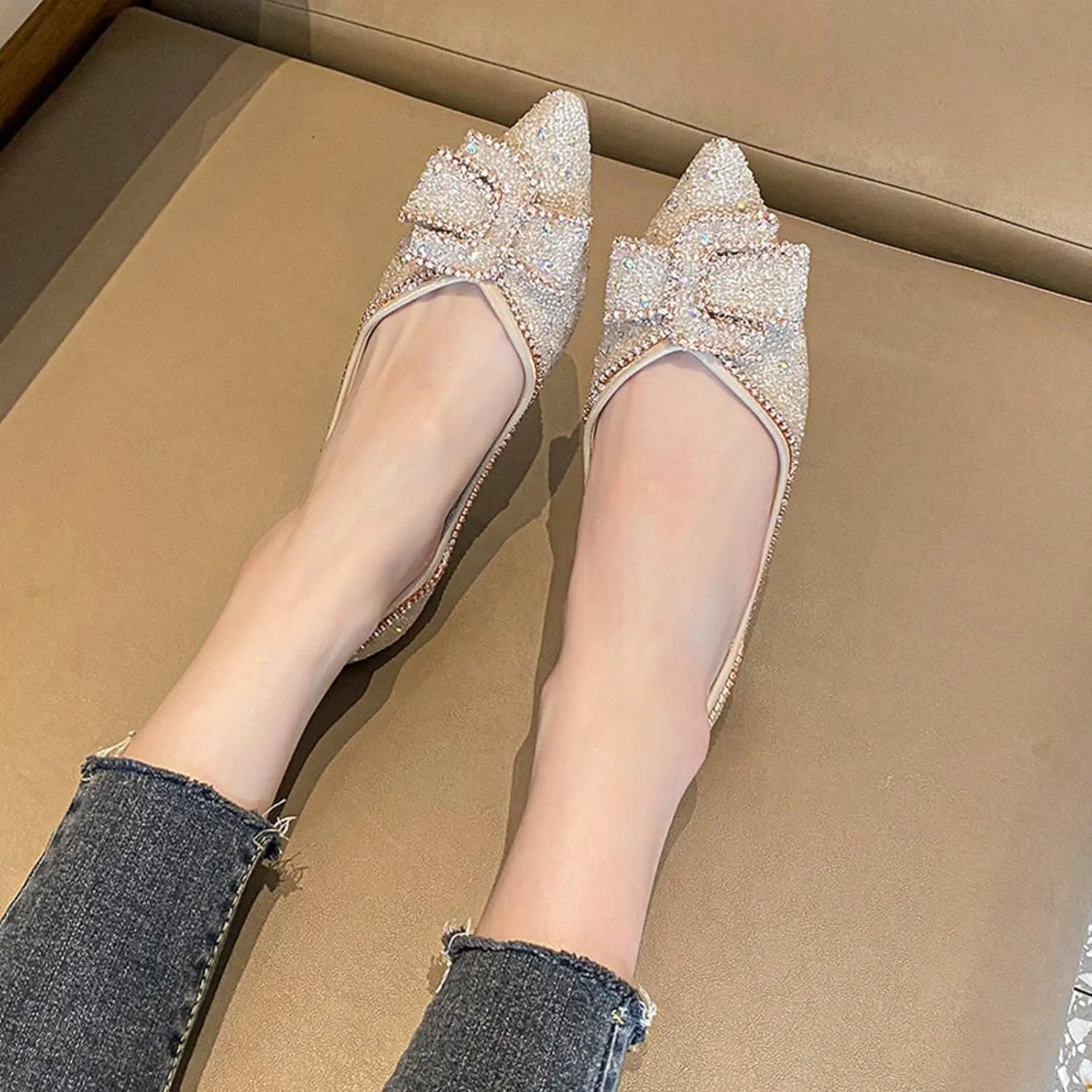 Women's Pointed Rhinestone Flat Shoes Glitter Flowers Wedding Comfortable Dress Shoes