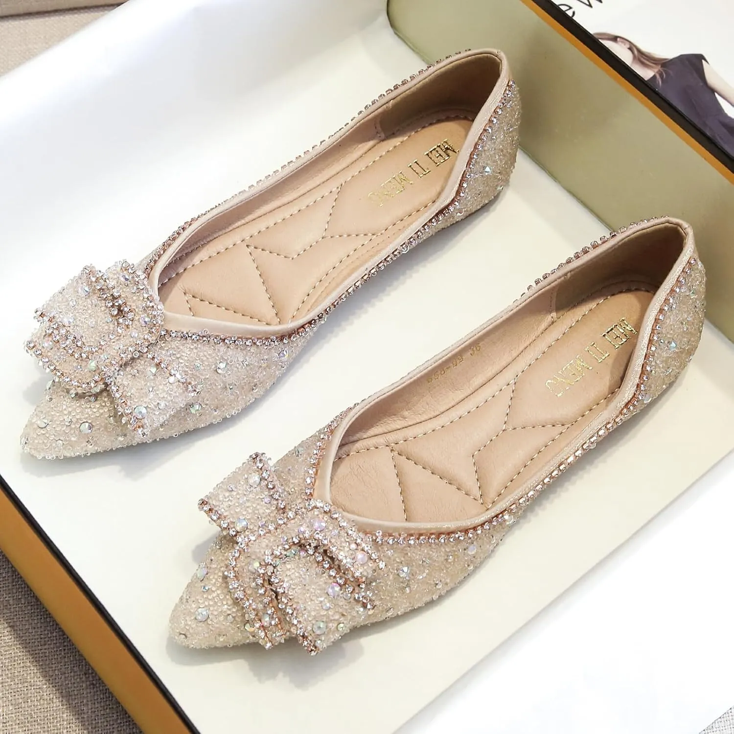 Women's Pointed Rhinestone Flat Shoes Glitter Flowers Wedding Comfortable Dress Shoes