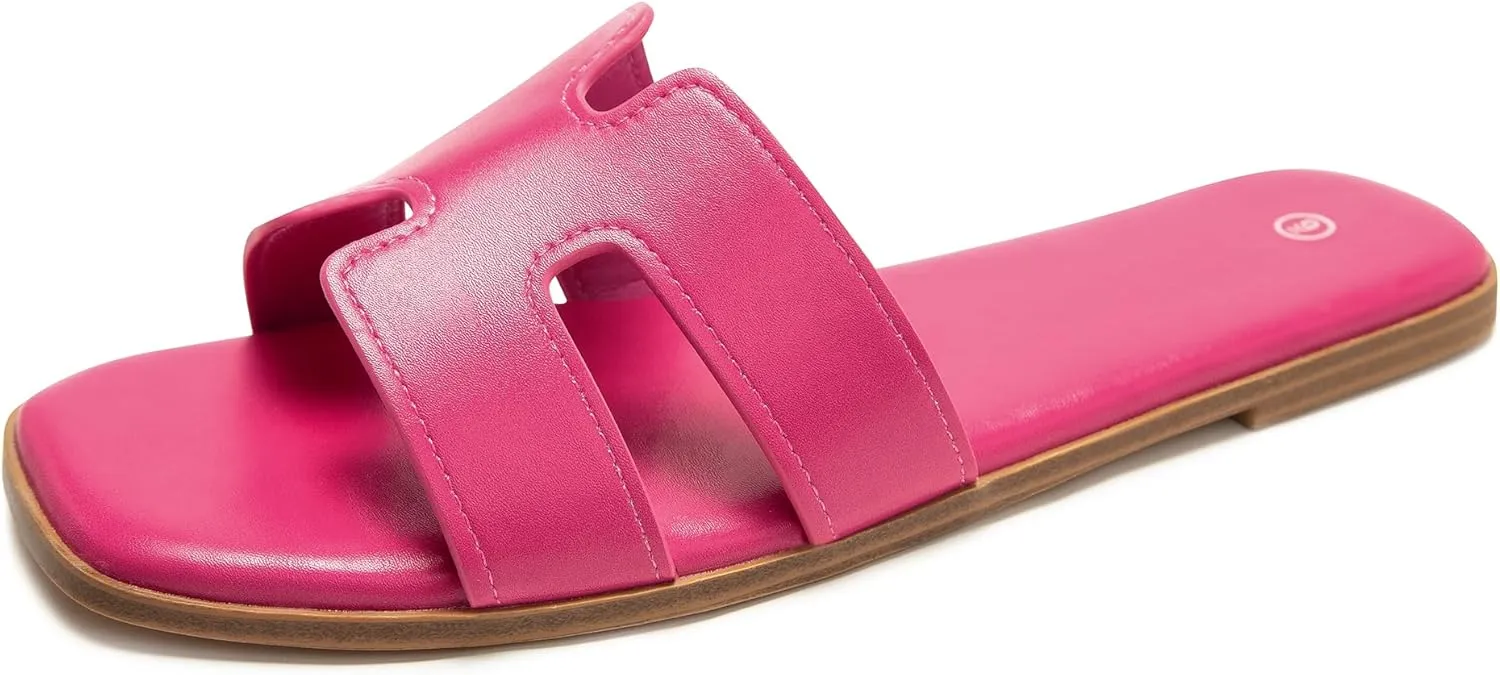Women's Slide Sandals Comfortable Flat Slip On Leather Sandals
