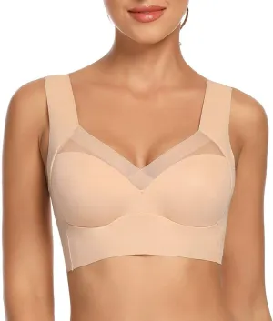 WOWENY Seamless Wirefree Bras for Women Comfy Mesh Soft Padded Back Smoothing Bra