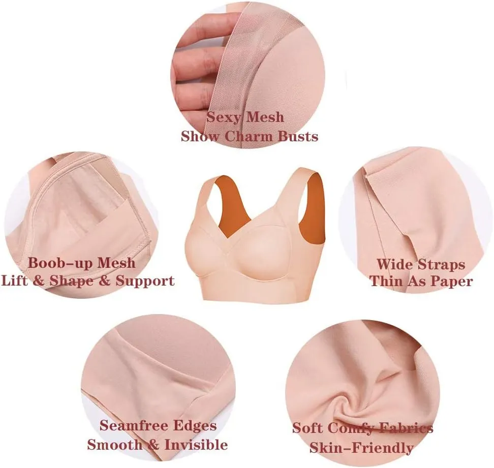 WOWENY Seamless Wirefree Bras for Women Comfy Mesh Soft Padded Back Smoothing Bra
