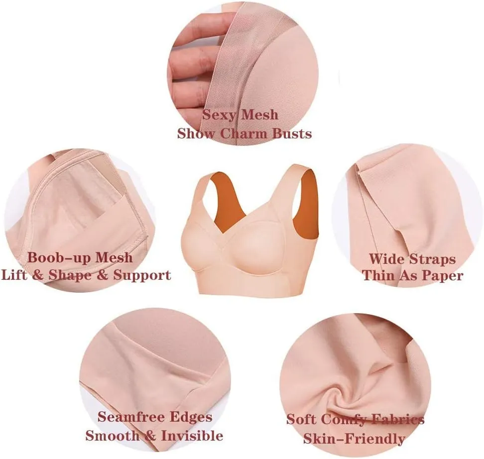 WOWENY Seamless Wirefree Bras for Women Comfy Mesh Soft Padded Back Smoothing Bra