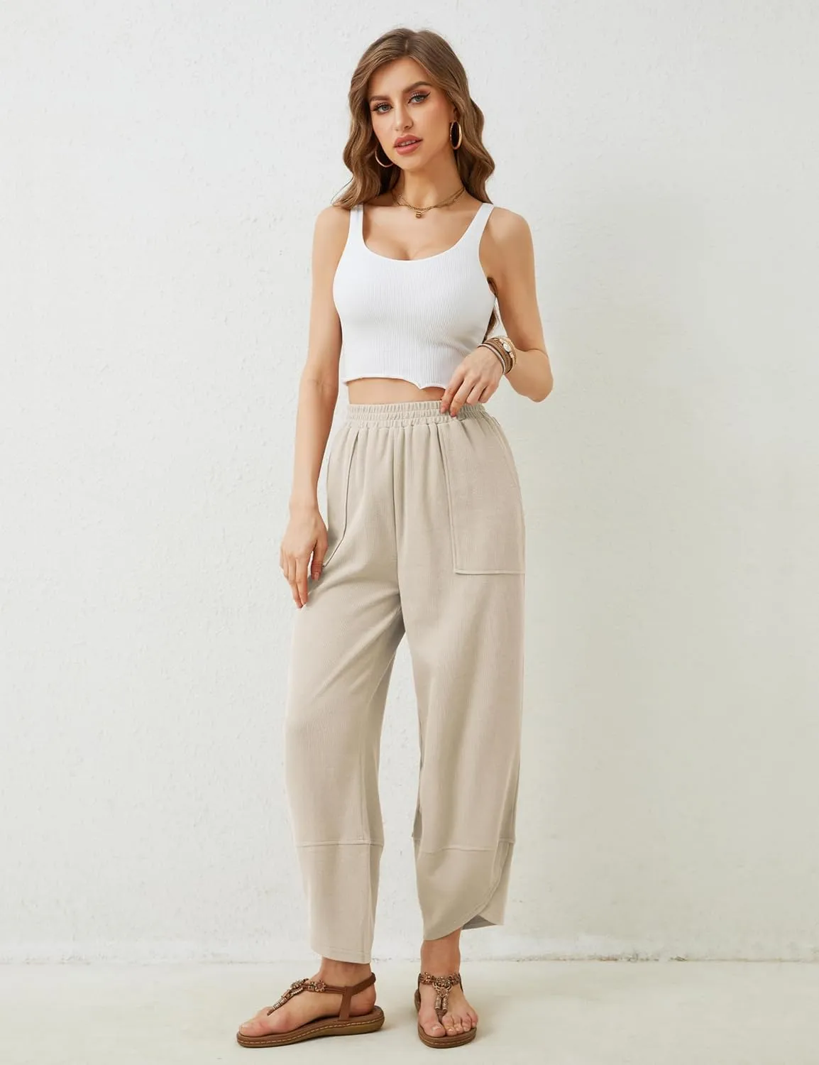 Xiaoxuemeng Womens Baggy Wide Leg Pants Casual Elastic Waisted Palazzo Harem Pants with Pockets