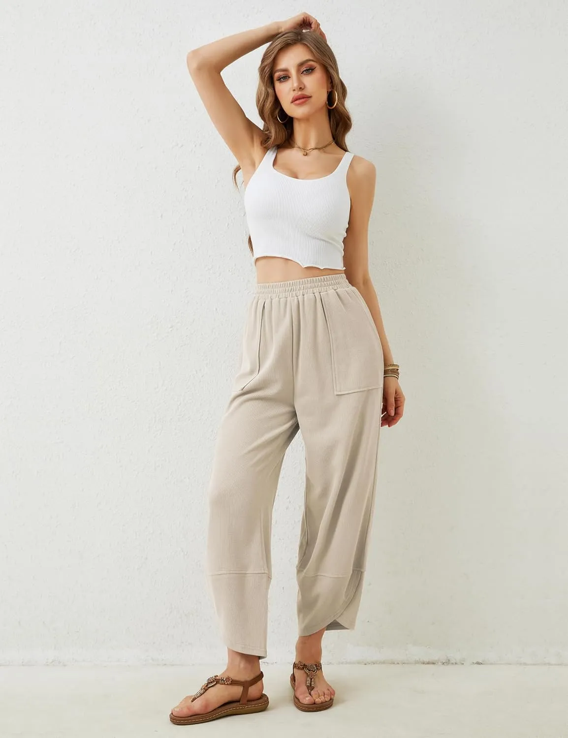 Xiaoxuemeng Womens Baggy Wide Leg Pants Casual Elastic Waisted Palazzo Harem Pants with Pockets
