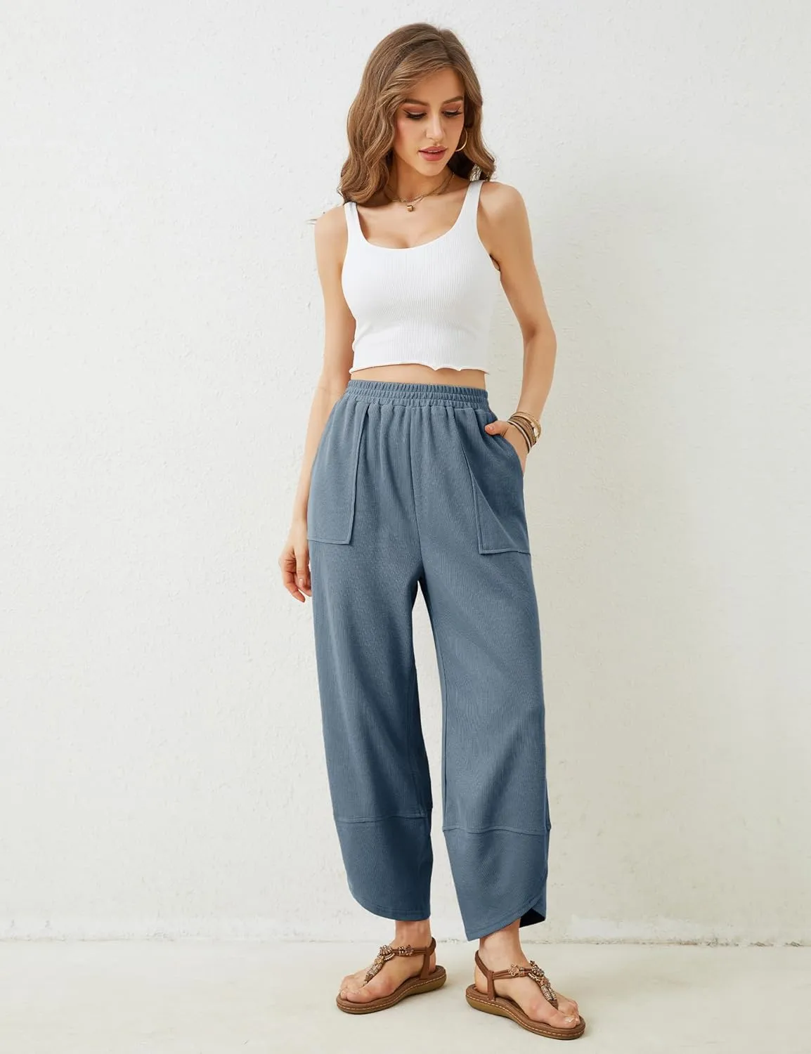 Xiaoxuemeng Womens Baggy Wide Leg Pants Casual Elastic Waisted Palazzo Harem Pants with Pockets