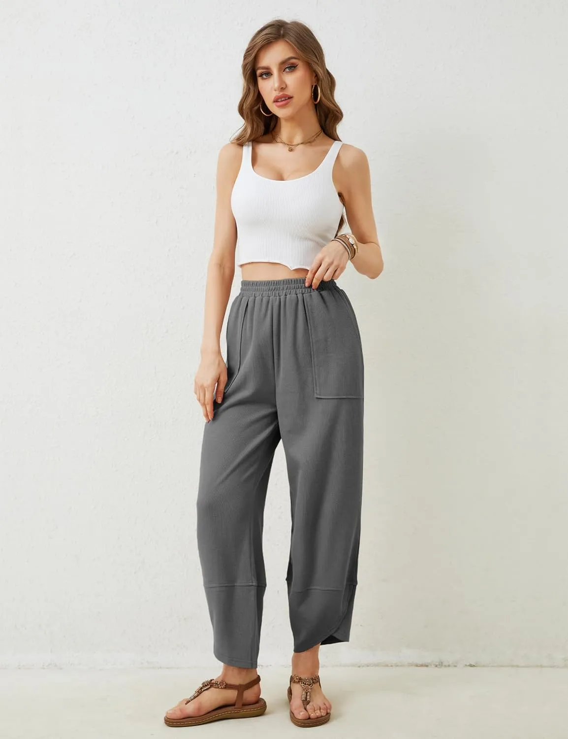 Xiaoxuemeng Womens Baggy Wide Leg Pants Casual Elastic Waisted Palazzo Harem Pants with Pockets