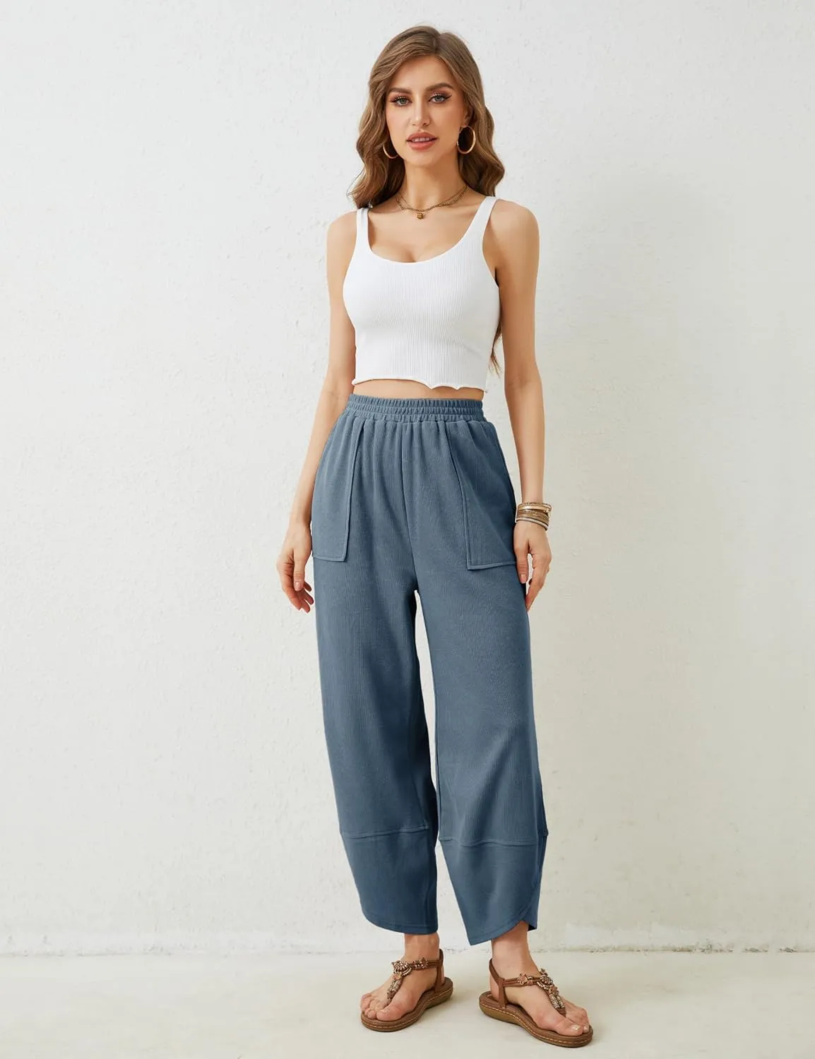 Xiaoxuemeng Womens Baggy Wide Leg Pants Casual Elastic Waisted Palazzo Harem Pants with Pockets
