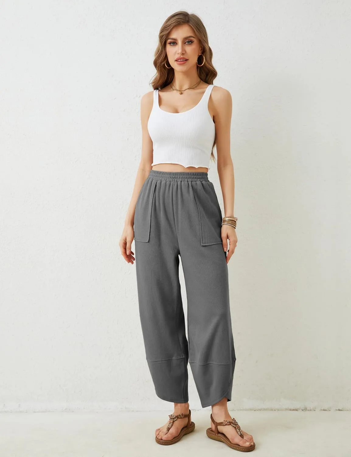 Xiaoxuemeng Womens Baggy Wide Leg Pants Casual Elastic Waisted Palazzo Harem Pants with Pockets