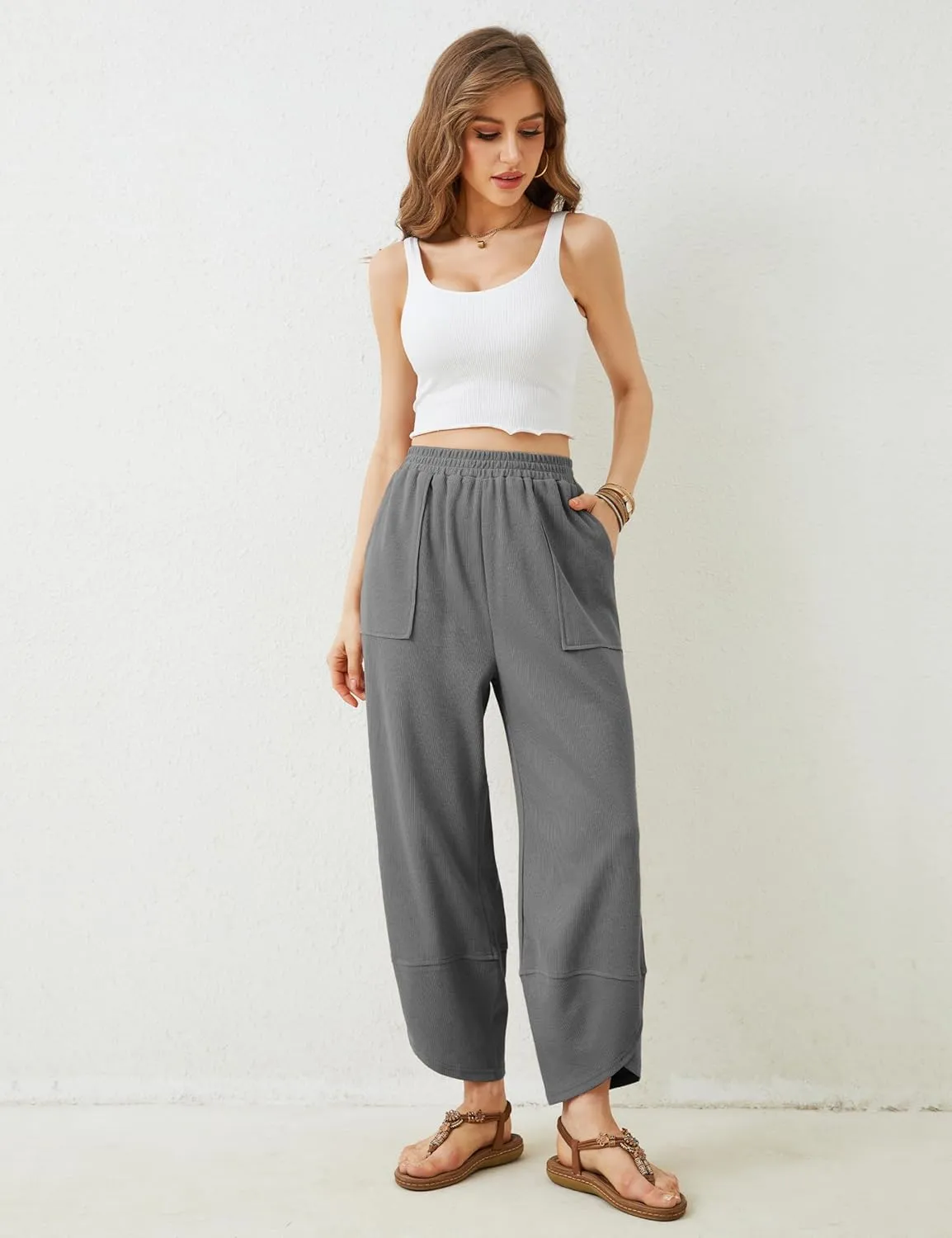 Xiaoxuemeng Womens Baggy Wide Leg Pants Casual Elastic Waisted Palazzo Harem Pants with Pockets