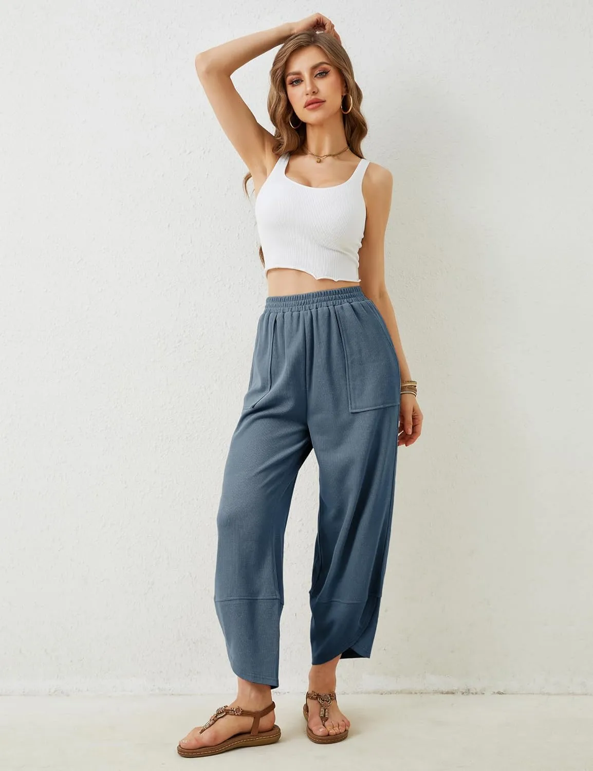 Xiaoxuemeng Womens Baggy Wide Leg Pants Casual Elastic Waisted Palazzo Harem Pants with Pockets