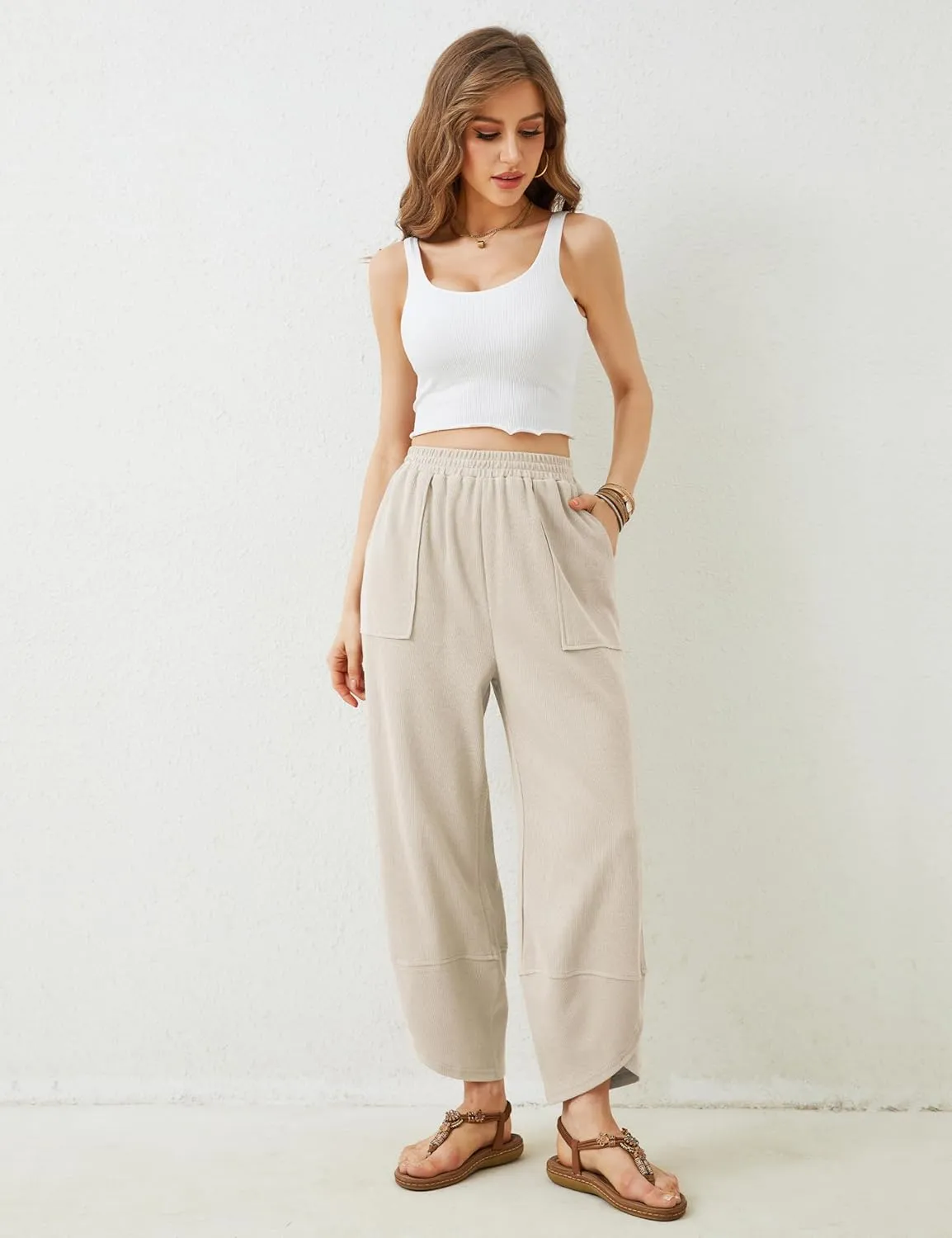 Xiaoxuemeng Womens Baggy Wide Leg Pants Casual Elastic Waisted Palazzo Harem Pants with Pockets