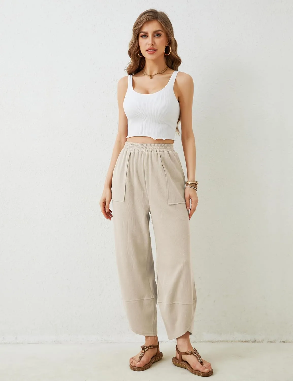 Xiaoxuemeng Womens Baggy Wide Leg Pants Casual Elastic Waisted Palazzo Harem Pants with Pockets
