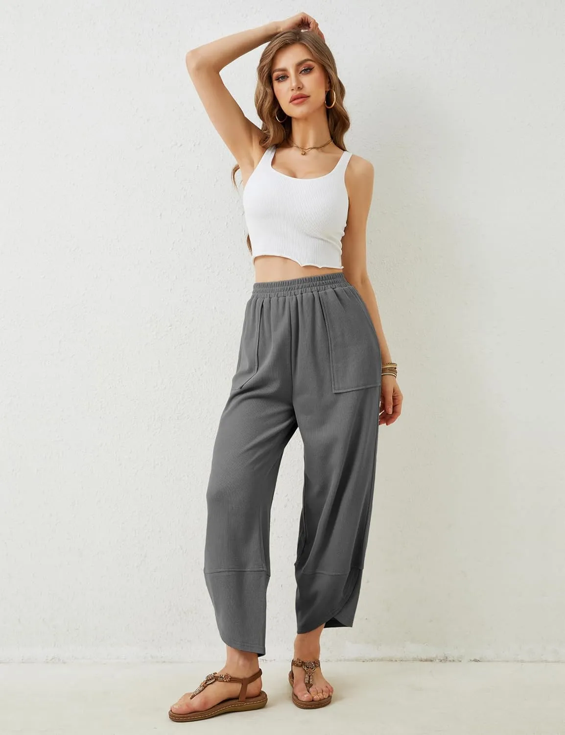 Xiaoxuemeng Womens Baggy Wide Leg Pants Casual Elastic Waisted Palazzo Harem Pants with Pockets