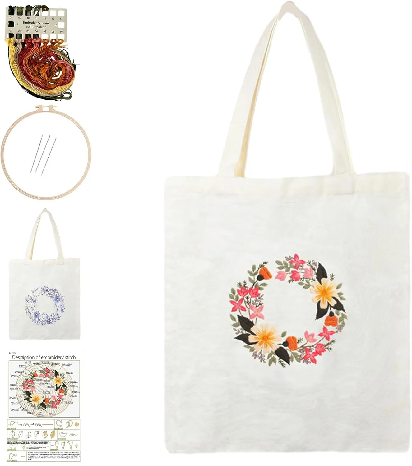 Yououii Canvas Handbag Embroidery Kit, DIY Craft Tote Bag Beginner Embroidery Kit Include Embroidery Hoops Color Threads Needle, Stamped Embroidery Kit for Creative Gift (#B)