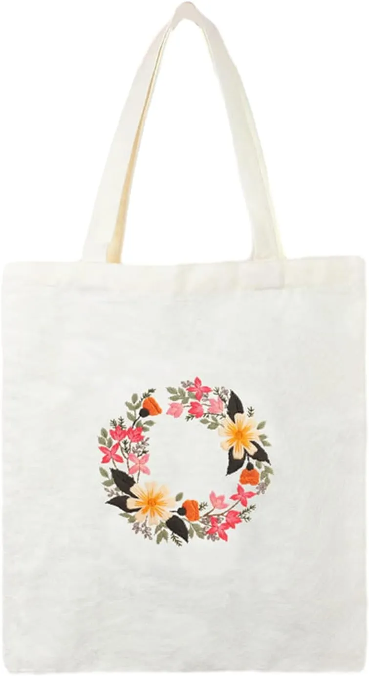 Yououii Canvas Handbag Embroidery Kit, DIY Craft Tote Bag Beginner Embroidery Kit Include Embroidery Hoops Color Threads Needle, Stamped Embroidery Kit for Creative Gift (#B)