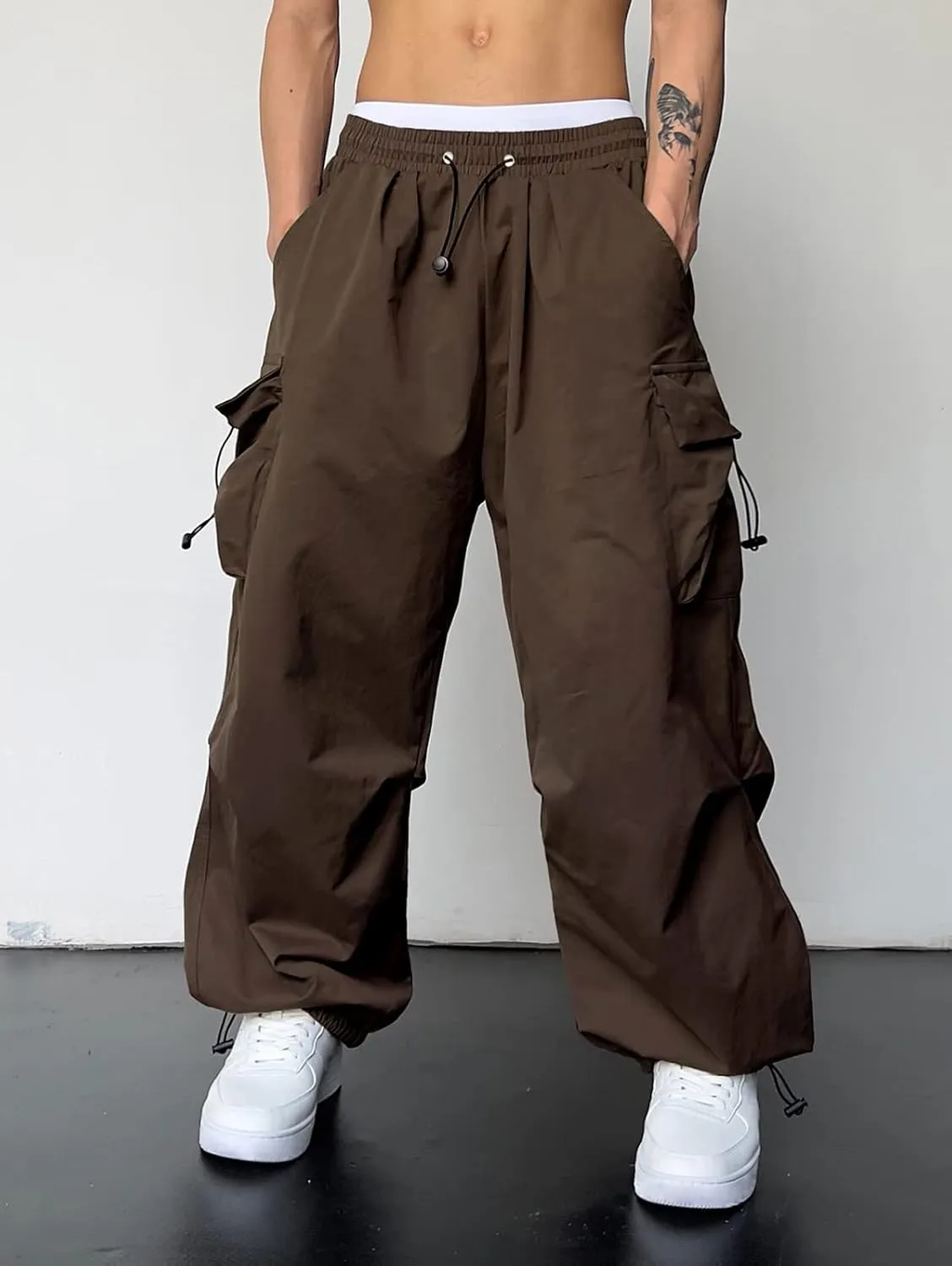 ZAFUL Flat Pocket Parachute Pants for Men Casual Baggy Cargo Pants Unisex Street Y2K Pants Drawstring Trouser