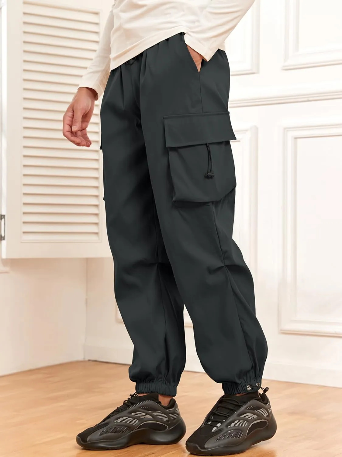 ZAFUL Flat Pocket Parachute Pants for Men Casual Baggy Cargo Pants Unisex Street Y2K Pants Drawstring Trouser